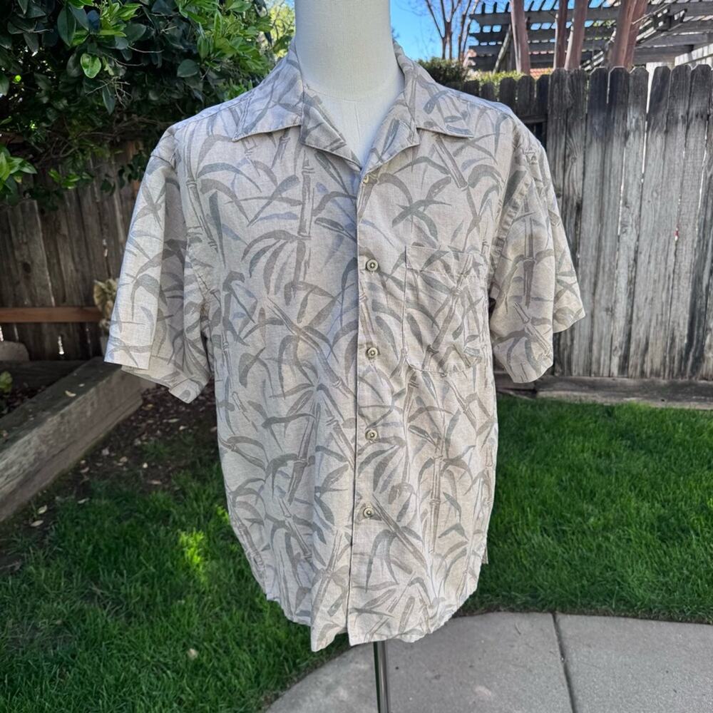 Geoffrey Beene Hawaiian Shirt Tan Linen Blend Tropical Bamboo Men's Size Large